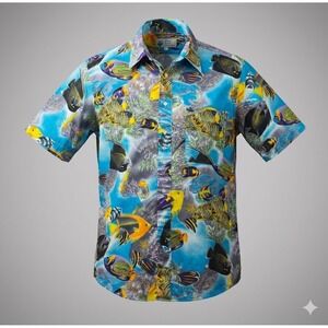 Island Casuals Vintage Men's Hawaiian Ocean Print Casual Button Up Shirt. Size L